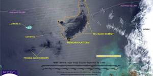 A NASA image from September 2009 shows the extent of the oil slick created by the 2009 Montara oil spill in the Timor Sea. 