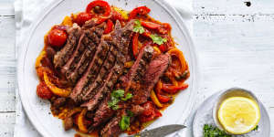 Grilled steak with sweet and sour peperonata.