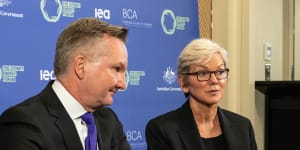 Federal Energy Minister Chris Bowen and US Energy Secretary Jennifer Granholm speak in Sydney on July 12,2022.