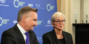 Federal Energy Minister Chris Bowen and US Energy Secretary Jennifer Granholm speak in Sydney on July 12,2022.