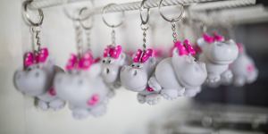 Hippo key rings are displayed for sale at a souvenir shop near the Napoles Park in Puerto Triunfo,Colombia.