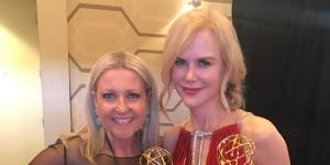 Former BMX Bandits make good … Nicole Kidman with television reporter Angela Bishop,who had a small role in BMX Bandits,backstage at the 2017 Emmys.