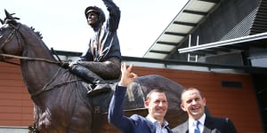 Hugh Bowman and Chris Waller at the unveiling of the Winx statue at Rosehill.