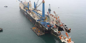 The 330m-long Castorone can accommodate up the 700 workers who weld pipes together before they are laid on the seabed. 