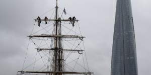 Riggers on Thursday getting the James Craig ready for the 150 year celebrations.