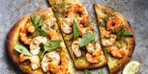 Manoush-style pizzas with prawns and chilli.