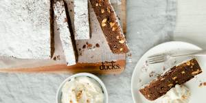 Three Blue Ducks'"too good to share"chocolate and walnut brownie with whisky cream.