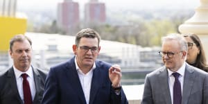 Premier Daniel Andrews and Prime Minister Anthony Albanese in Carlton on Tuesday
