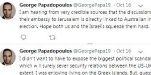 Tweets from an account purportedly belonging to George Papadopoulos,a one-time adviser to the Donald Trump campaign.