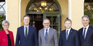 Foreign Affairs Minister Penny Wong,Lord David Cameron,UK Secretary of State for Foreign Affairs,Prime Minister Anthony Albanese,Grant Shapps,UK Secretary of State for Defence and Minister for Defence Richard Marles,pose for photos ahead of a reception at The Lodge.