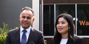 Opposition Leader John Pesutto with Nicole Ta-Ei Werner,the Liberals’ candidate for Warrandyte.