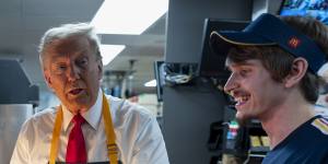 Donald Trump serves up French fries during a campaign stop at a McDonald’s in Pennsylvania.