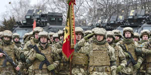 Ukrainian servicemen stand during the rehearsal of the parade for the Day of the Armed Forces of Ukraine in Kramatorsk,Ukraine. 