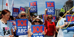 Hundreds of protesters gathered in Melbourne’s Federation Square to rally against federal government cuts to the ABC budget in 2018.