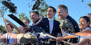 Acting Olympics Minister Andrew Powell,Premier David Crisafulli and Deputy Premier Jarrod Bleijie at the ceremonial first sod turning at Victoria Park.