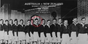 Vince Bermingham (circled) with the 1934 Wallabies,who won the Bledisloe Cup. Weary Dunlop is far left.