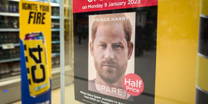 A poster advertising the launch of Prince Harry’s memoir “Spare” in a store window in London,England.