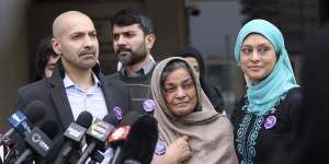 Left to right;Afzaal family members Ali Islam,Tabinda Bukhari and Hina Islam speak to the media after the sentencing of Nathaniel Veltman in London,Ontario,Canada.