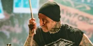 Blink-182’s drummer Travis Barker performs at Rod Laver Arena.