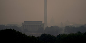 Haze blankets monuments on the National Mall in Washington,DC.