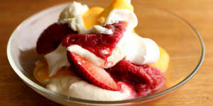 Strawberry fool with champagne-poached rhubarb.