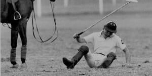 Charles takes a fall at Warwick Farm in 1983 in front of a crowd of 10,000 Australians. He was unhurt and later joked about the incident.
