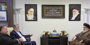 Hezbollah leader Sayyed Hassan Nasrallah,right,meets with Ziad al-Nakhleh,the head of Palestinian Islamic Jihad,centre,and Hamas deputy chief,Saleh al-Arouri,in Beirut,Lebanon. The photo is dated October 25.