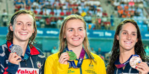 Ariarne Titmus (centre) took the prized scalp of Katie Ledecky (left) at the 2019 world championships.