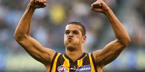 Lance Buddy Franklin celebrates one of his 7 goals,Saturday the 8th of September 2007 .