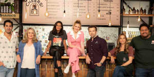 The cast of Colin from Accounts (from left):Tai Hara,Helen Thompson,Emma Harvie,Dyer,Brammall,Genevieve Hegney and Michael Logo.