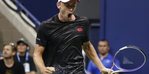 John Millman reacts after winning a point against Roger Federer during the fourth round of the US Open.