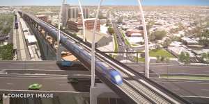An artist’s impression of a new bridge,to be 550 metres long,50 metres high and built alongside the existing heritage- listed rail bridge over the Maribyrnong River,to be built as part of the Melbourne Airport Rail project.