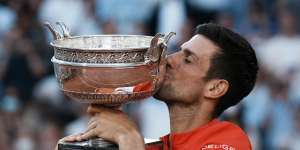 Novak Djokovic celebrates his Roland Garros victory,one of three majors he won in 2021.