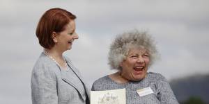 Then Prime Minister Julia Gillard welcomes actress Margolyes as a new citizen of Australia at a citizenship ceremony in Canberra,2013.