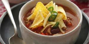 Chilli bean soup with corn chips.