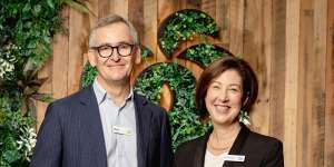 Woolworths CEO Brad Banducci with his successor Amanda Bardwell,who will take over in September.
