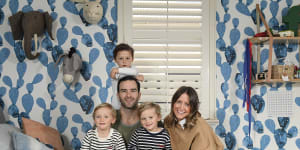 Lucy and Jordan Lewis with their sons,twins Ollie and Hughie,and Freddie. They followed a sleeping method for the twins recommended by Melbourne paediatrician Dr Daniel Golshevsky with great success.