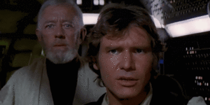 “That’s no moon”:Obi Wan Kenobi,Han Solo,Luke Skywalker and Wookie approach the Death Star.