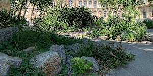 The new memorial garden combines chunky rock and Mediterranean plants
