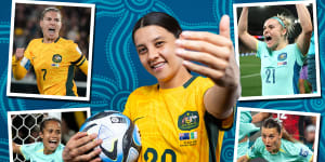 Sam Kerr (centre) with (clockwise from top left) Steph Catley,Ellie Carpenter,Hayley Raso and Mary Fowler.