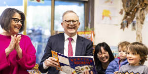 Labor MP Ged Kearney and Prime Minister Anthony Albanese at an early learning centre in Melbourne on Friday.