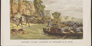 History,but from whose perspective? A lithograph depicting the arrival of the Endeavour,titled Captain Cook’s Landing at Botany Bay in 1770.