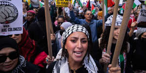 Pro-Palestinian demonstrators during an “All Out For Palestine” protest in Times Square in New York on Friday.