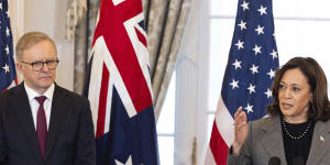 Prime Minister Anthony Albanese and US Vice President Kamala Harris during a state luncheon in Washington,during Albanese’s state visit to the US. 