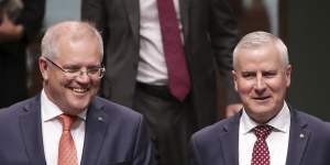 Prime Minister Scott Morrison and Deputy Prime Minister Michael McCormack entering Parliament for question time on Wednesday.