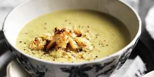 Cream of asparagus soup with parmesan croutons.