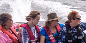 From left:Emeritus Professor Christine Duffield,Wing Commander (Ret’d) Sharon Bown,Adjunct Professor Kylie Ward and Group Captain Kath Stein on their way to Bangka Island,scene of the February 1942 massacre by Japanese troops.