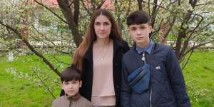 Natalia Boychyn with her sons Luka and Andriy in Ukraine.