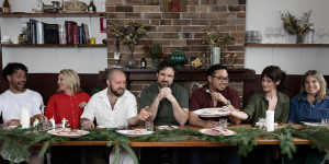 Joel Young (Butcher Joel Young),Sarah Norris,Nik Hill (Porcine),Callan Boys,Junda Khoo (Ho Jiak),Bianca Hrovat and Danielle Alvarez (Sydney Opera House) take on Christmas hams at Porcine in Paddington.