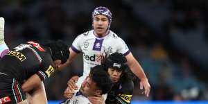 Storm forward Eliesa Katoa is sat on his backside by Penrith in last year’s preliminary final loss.